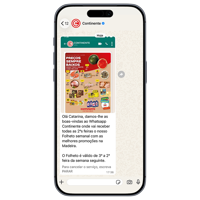 Whatsapp Continente ecrã de boas vindas