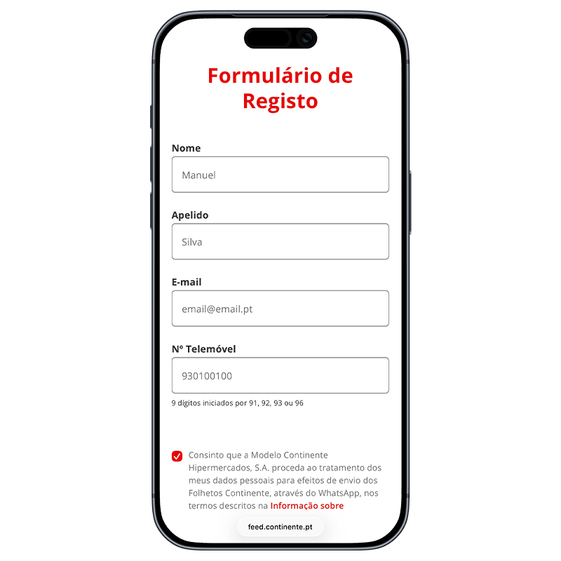 Whatsapp Continente ecrã com formulario de inscrição