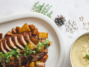 Lombinhos de porco com marmelos e puré de maçã reineta